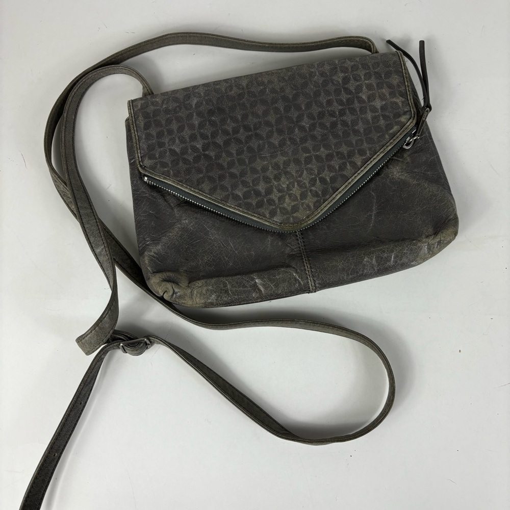 HOBO Leather Crossbody Flap Over Distressed Gray Multi Pocket Adjustable Hippie